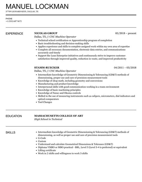 cnc bending machine operator resume|cnc operator resume template.